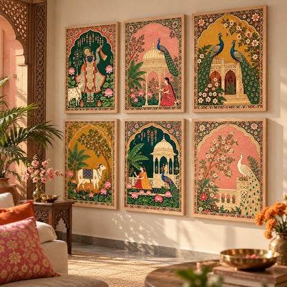 Madhubani Paintings Set of 6 Traditional Indian Peacock Wall Painting With Frame for Living Room Bedroom Hotel Wall Decor Digital Reprint (10X13 Inch)