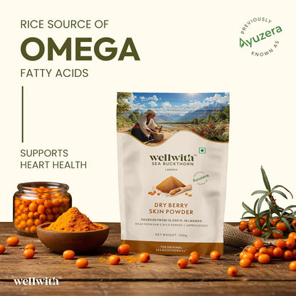 Wellwith Himalayan Sea Buckthorn Dry Berry Kkin Powder, 100g | Rich in Omega 3, 6, 7, 9 | Collagen, Fiber, Omegas, Vitamin C, Vitamin E | Dry Sea Buckthorn Berry Powder (100, Grams)