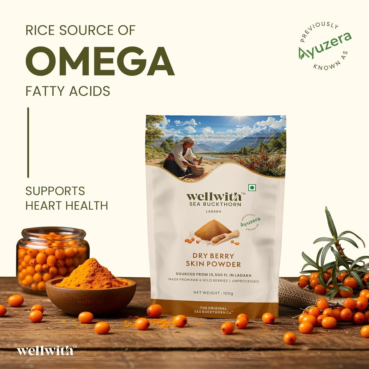 Wellwith by Ayuzera Sea buckthorn Berry Skin Powder 100g | Rich in Vitamin C | No oil | Edible | Fiber, Omegas | Dry Seabuckthorn Himalayan Berry Powder | Pack of 1