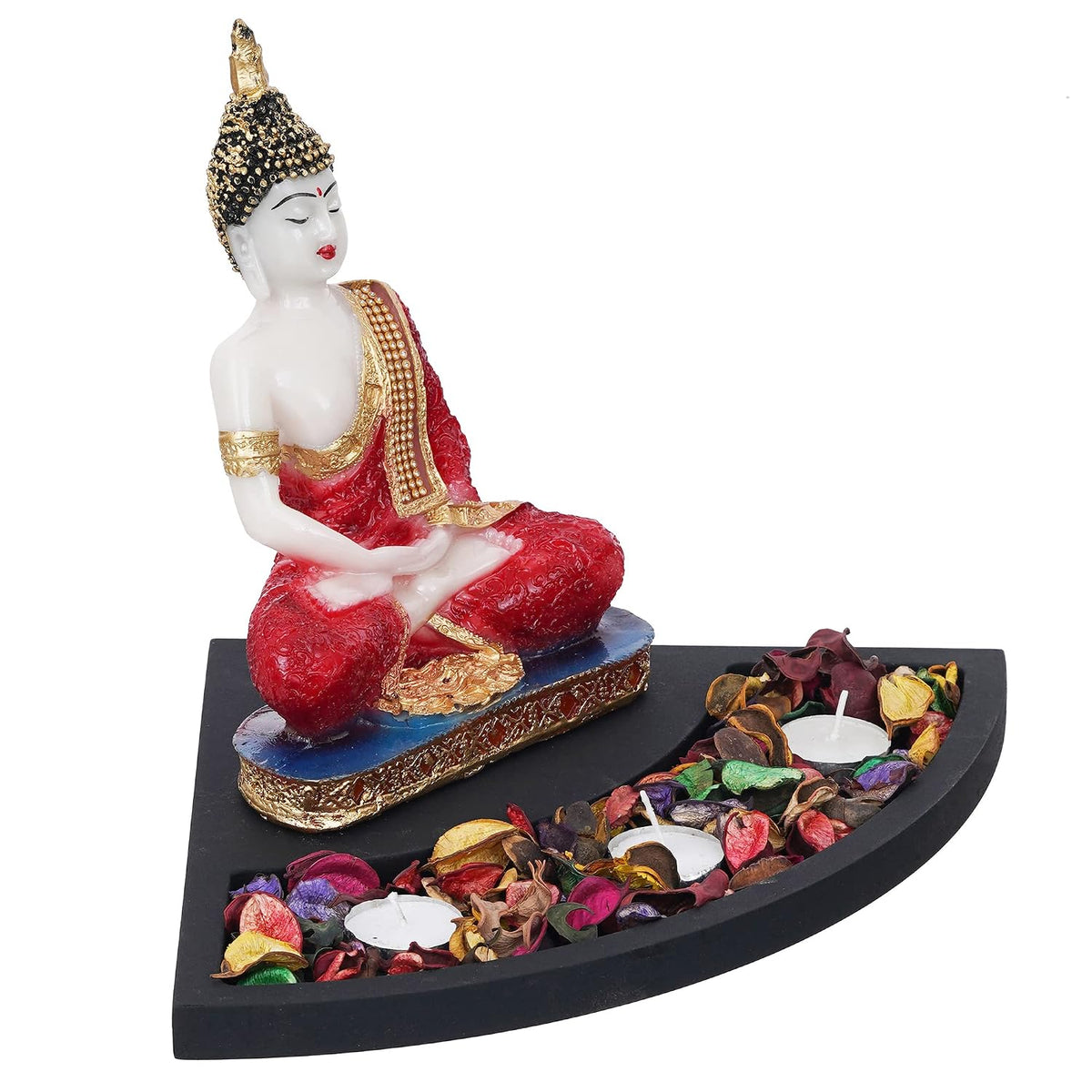 Red Resin Meditating Lord Buddha Statue Tea Light Candle Holder| Buddha Idol Tealight Holder| Diwali Decoration Item for Home Decor| Buddha Showpiece Gift for Diwali Housewarming Birthday