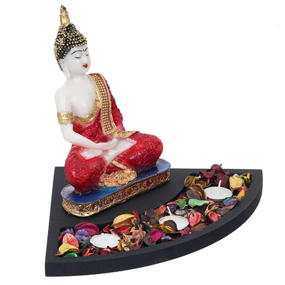 Red Resin Meditating Lord Buddha Statue Tea Light Candle Holder| Buddha Idol Tealight Holder| Diwali Decoration Item for Home Decor| Buddha Showpiece Gift for Diwali Housewarming Birthday