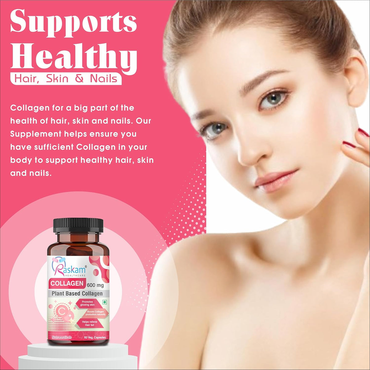 Supplement bottle with a woman's face on a pink background, promoting collagen for healthy hair, skin, and nails.