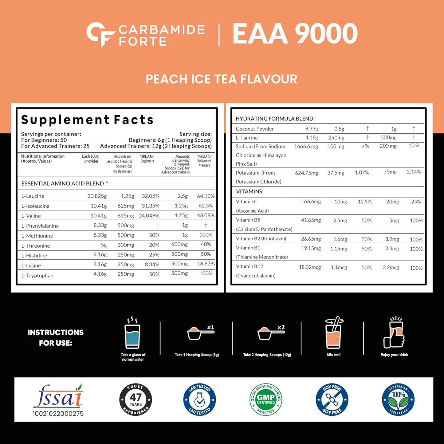 Carbamide Forte Eaa Supplement with Bcaa 5000Mg | Eaa intra workout Supplement for Men & Women with Hydration Blend & Vitamins – Peach Iced Tea Flavour - 50 Servings - Powder 300G