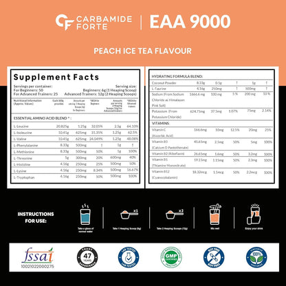 Carbamide Forte Eaa Supplement with Bcaa 5000Mg | Eaa intra workout Supplement for Men & Women with Hydration Blend & Vitamins – Peach Iced Tea Flavour - 50 Servings - Powder 300G