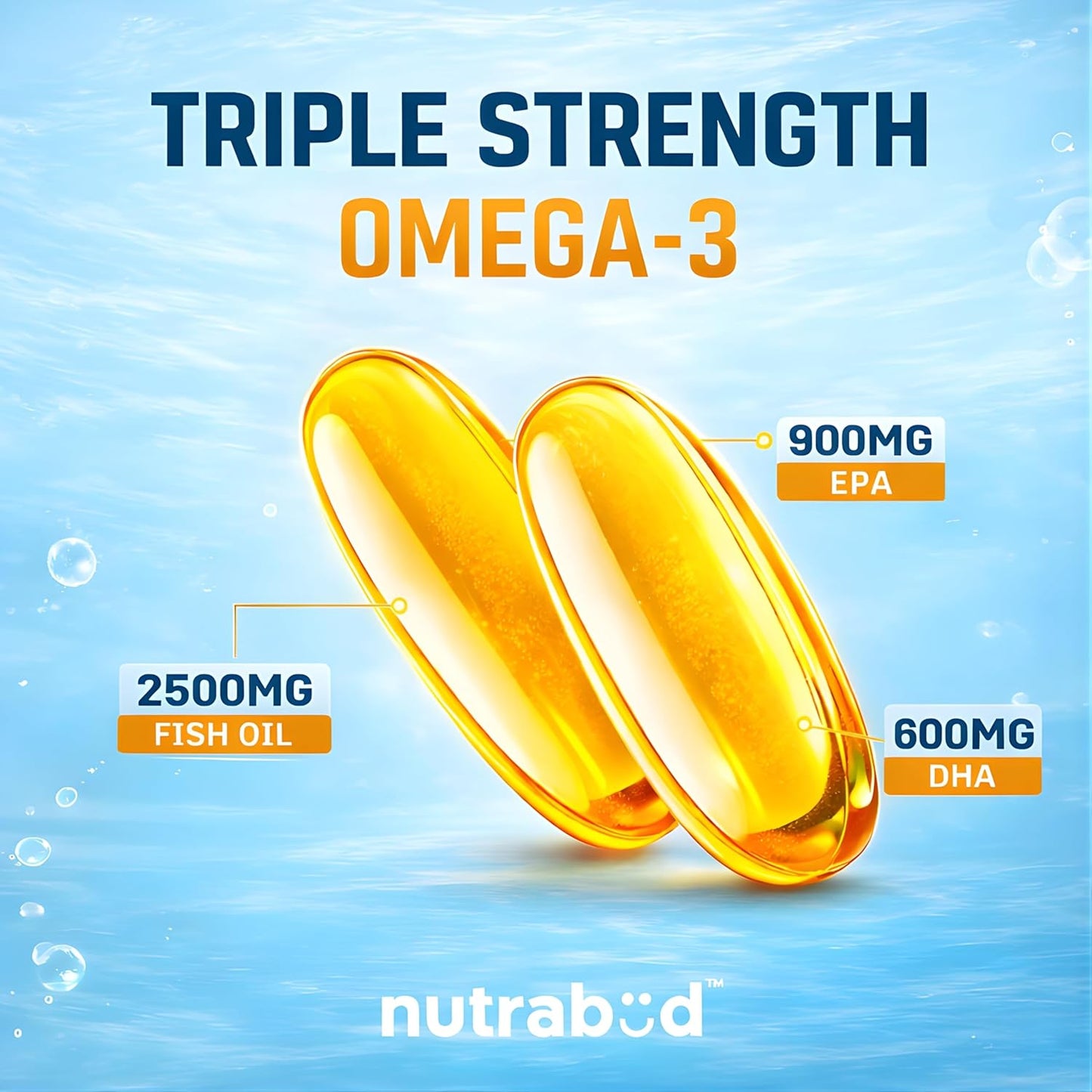 Nutrabud Omega 3 Fish Oil Capsules Triple Strength Supplement 2500mg - 900mg EPA 600mg DHA/serving - With Vitamin D & E - Lemon Flavour (60 Count (Pack of 1), Lemon)