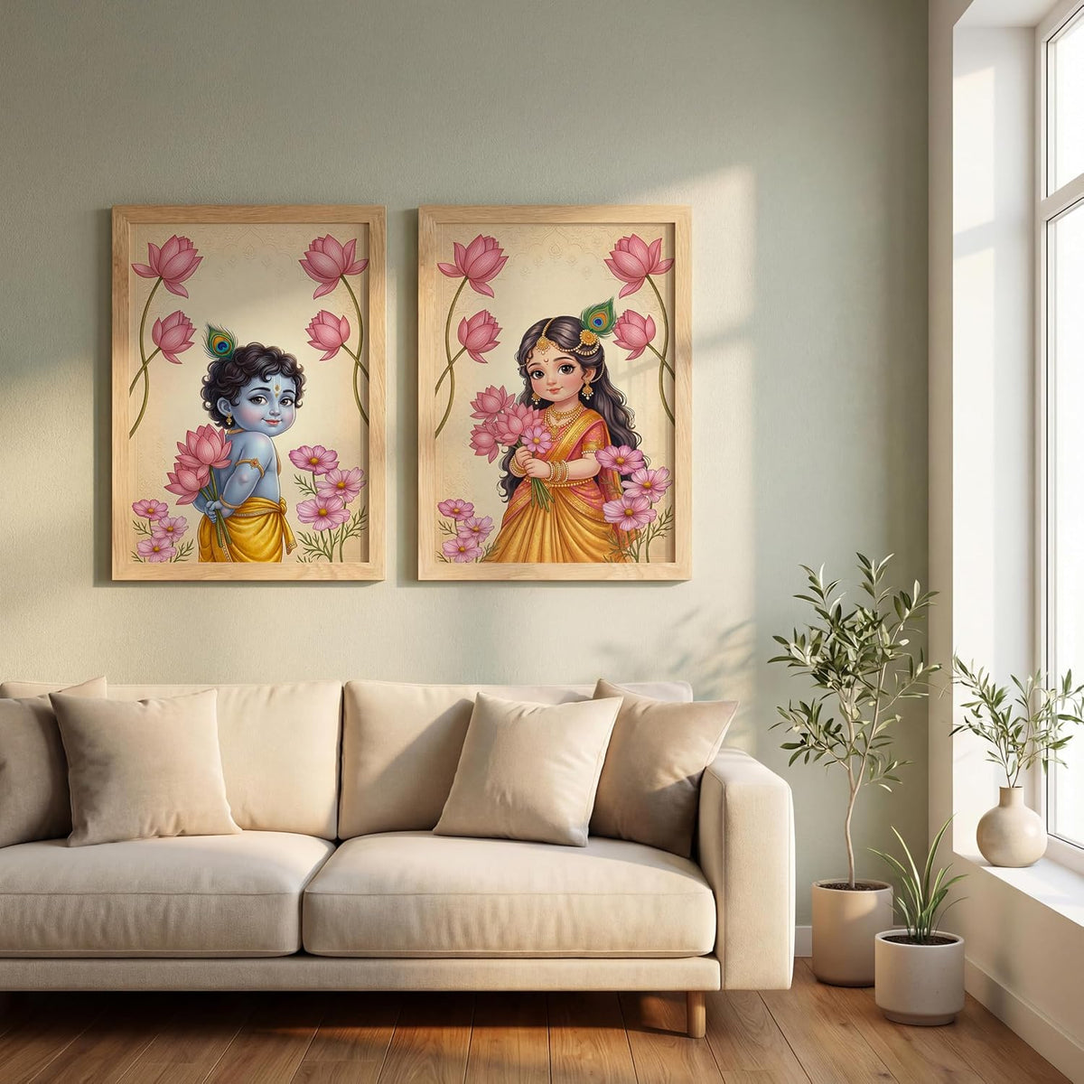 Radha Krishna Painting with Lotus Flowers | Set of 2 Framed Wall Art Paintings | Traditional Indian Decor for Living Room Bedroom Pooja Room | (ART 5, 13x19 INCHES)