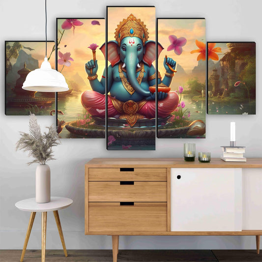Ganesha Paintings for Wall Decoration - Set Of Five, 3d modern art Painting for Living Room Large Size with Frames for Home Decoration, Hotel, Office 76.2 cm x 45 cm SANFPNLS35449