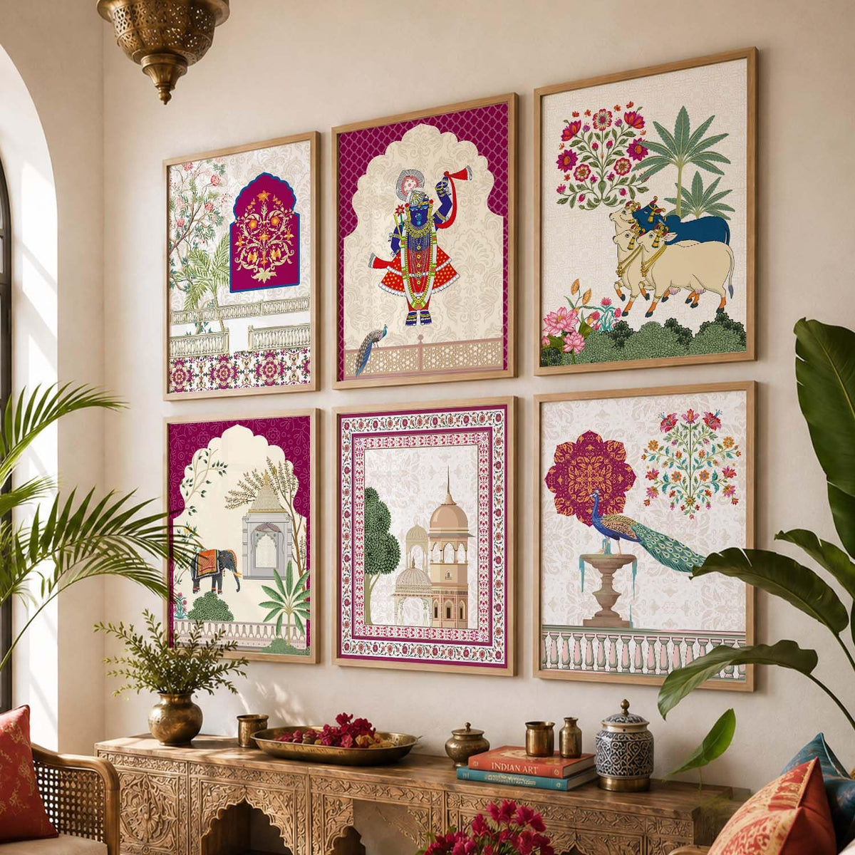 Indian Traditional Madhubani & Pichwai Wall Art | Framed Paintings for Living Room, Bedroom & Office Decor | Set of 6, 10x13 Inch