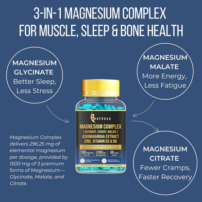 ANUPURAK Triple Magnesium Complex Tablets | Glycinate, Malate & Citrate | 296mg Elemental Magnesium | Ashwagandha, L-Theanine, Zinc & D3 | Stress Support, Calm Focus & Muscle Function | 120 Tablets (60 Days)