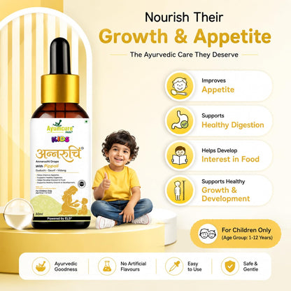 Ayumcure Kids Annaruchi Drops for Children 1-12 Years | 30ml | Ayurvedic Appetite & Digestive Support | With Pippali, Guduchi, Saunf, Vidang, Kutki & Amla | Supports Healthy Digestion, Nutrient Absorption & Growth