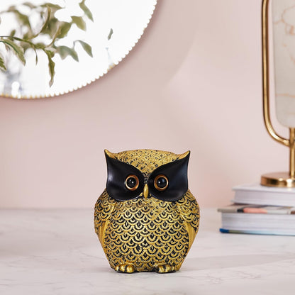 Modern Classy Happy Owl Resin Art Figure Handicraft Resin Showpiece (Pack of 1, Black and Golden)