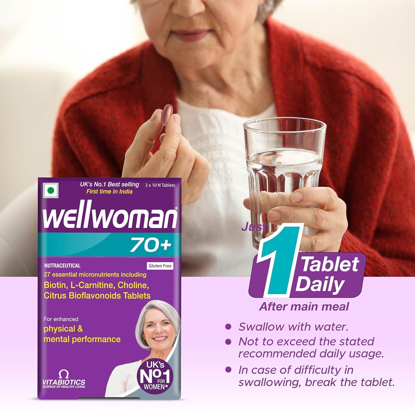 WELLWOMAN 70+ Multivitamins For Women Over Age 70 With Biotin,Isoflavones,Zinc,Vitamind To Support Physical & Mental Health,Improve Cognitive Function & Energy Levels Vegetarian,1 count,30 capsules