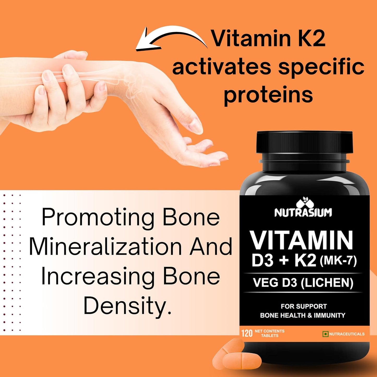 Nutrasium Vitamin D3 K2 Supplement | With Added B12 and DHA | Vitamin K2 MK7 To Support Strong Bone, Heart Health & Immunity | Veg D3 - Lichen - 120 Tablets