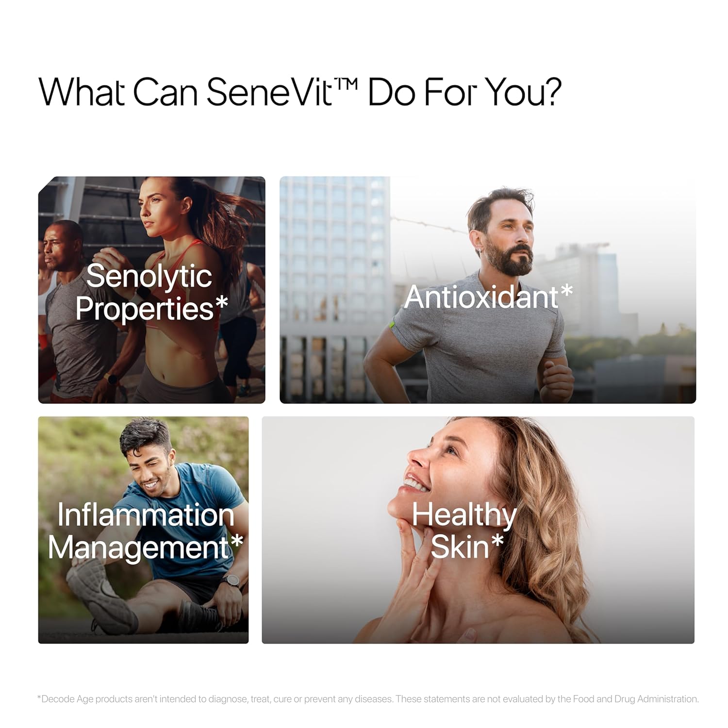 Promotional graphic for SeneVit with text highlighting its benefits on a white background.