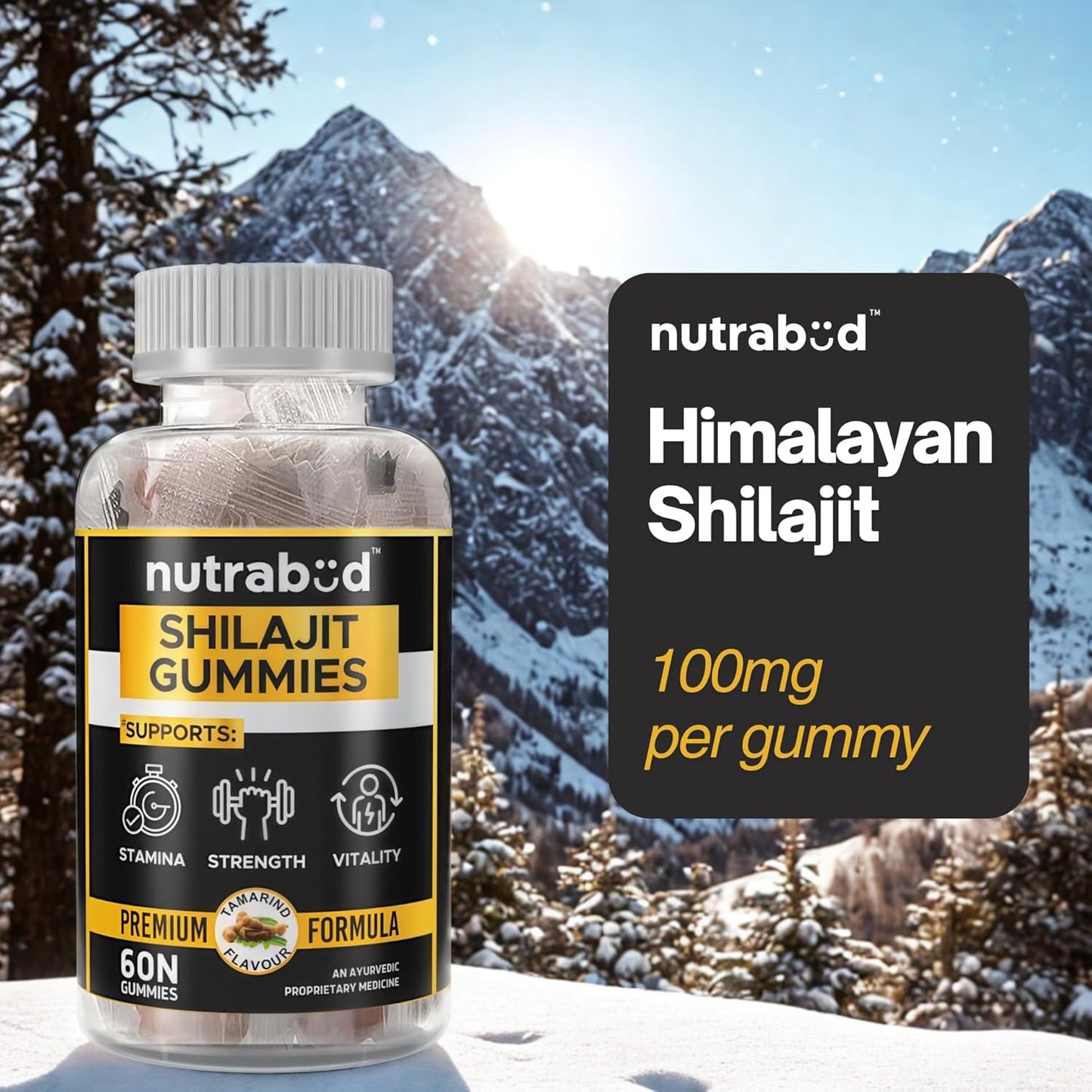 Nutrabud Pure Shilajit/Shilajeet Gummies 100mg For Men, Women - 60 Gummies | Boosts Stamina & Improves Energy Levels | Tamarind Flavour Veg Gummy Supplement (60 Count (Pack of 1), Tamarind)