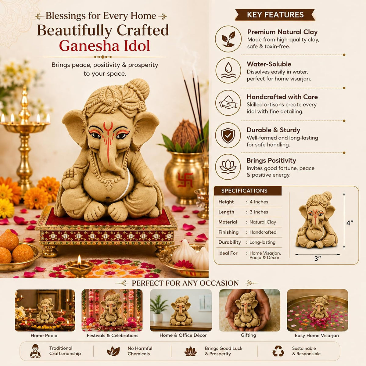 SHOPMEFAST Clay Ganesh Idol, 4 Inches Height, Water Soluble Ganpati Murti for Ganpati Visarjan (Small) (Natural Brown - Bal Gopal)