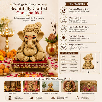 SHOPMEFAST Clay Ganesh Idol, 4 Inches Height, Water Soluble Ganpati Murti for Ganpati Visarjan (Small) (Natural Brown - Bal Gopal)
