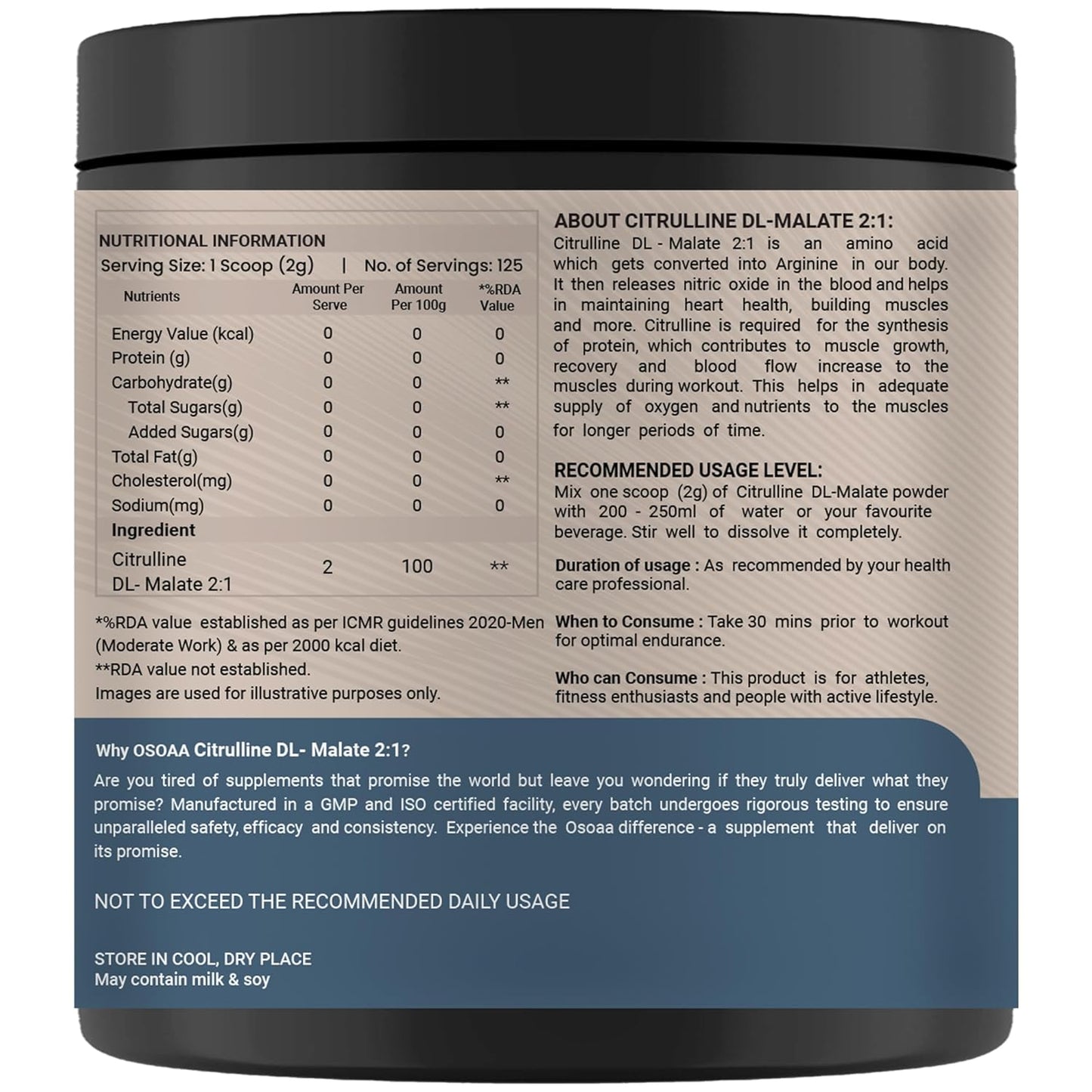 Supplement container with nutritional information and usage guidelines on a white background