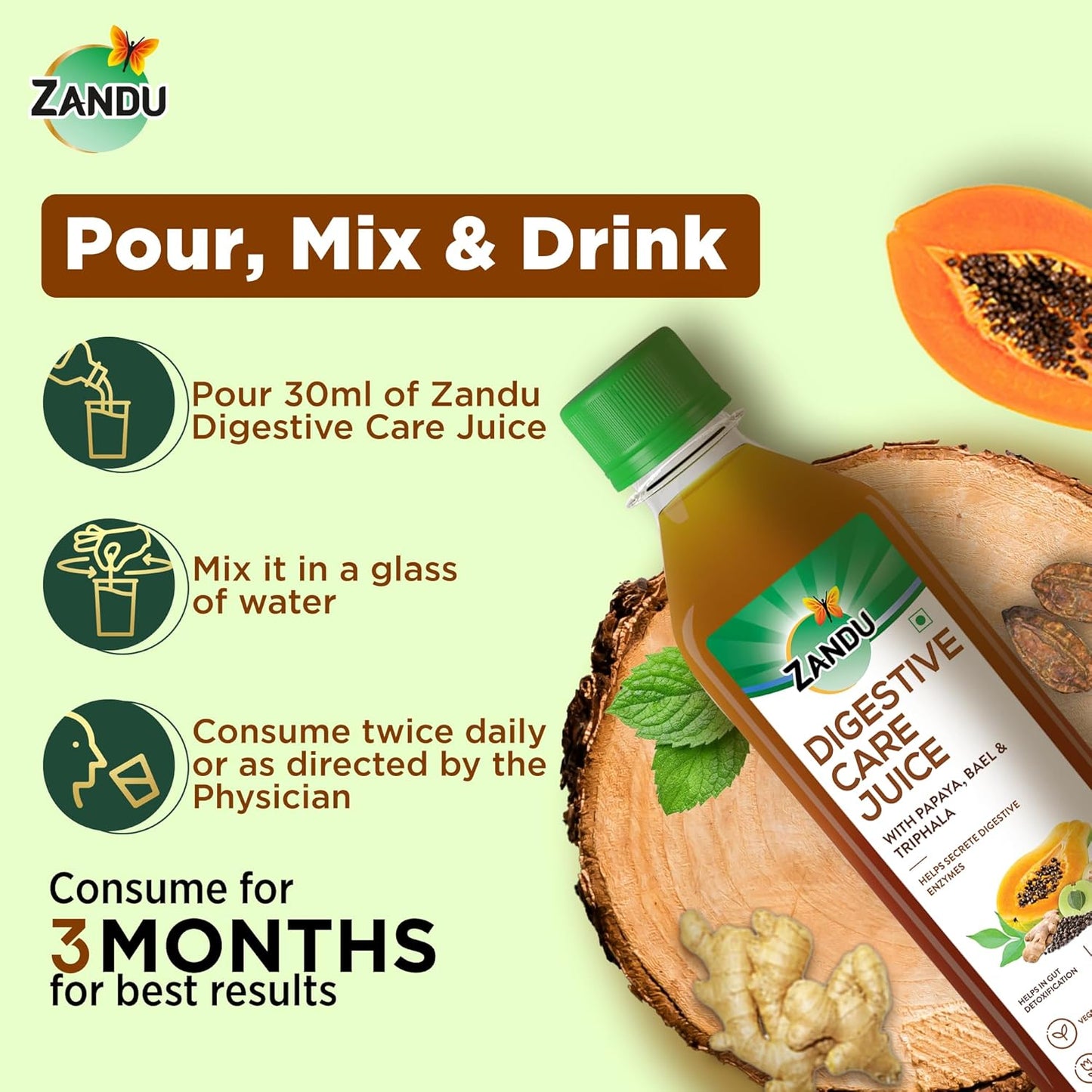 Zandu Digestive Care Juice, 500 ml, Enriched with Papaya, Triphala & Bael to improve Gut Health, Relieves Gas, Boosts Appetite, Scientifically Tested