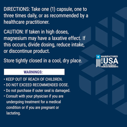 Drug label with directions, warnings, and a 'Manufactured in USA' logo on a blue background.