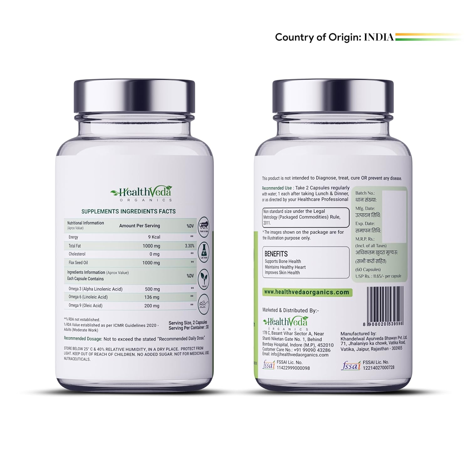 Zephivo Health Veda Organics Vegan Omega 3-6-9 Flaxseed Oil (1000mg) for Healthy Bones, Hair & Skin| 60 Veg Soft Gel Capsules for Both Women & Men