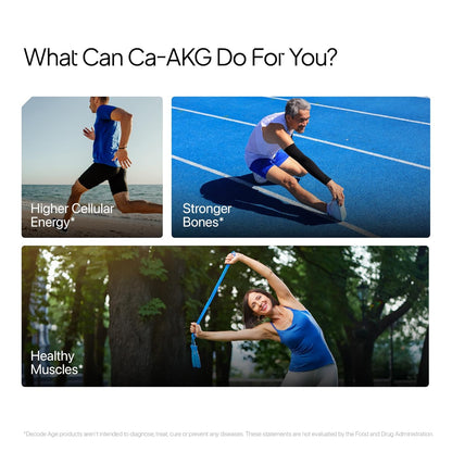 Promotional graphic for Ca-AKG with images of people exercising and text highlighting benefits.