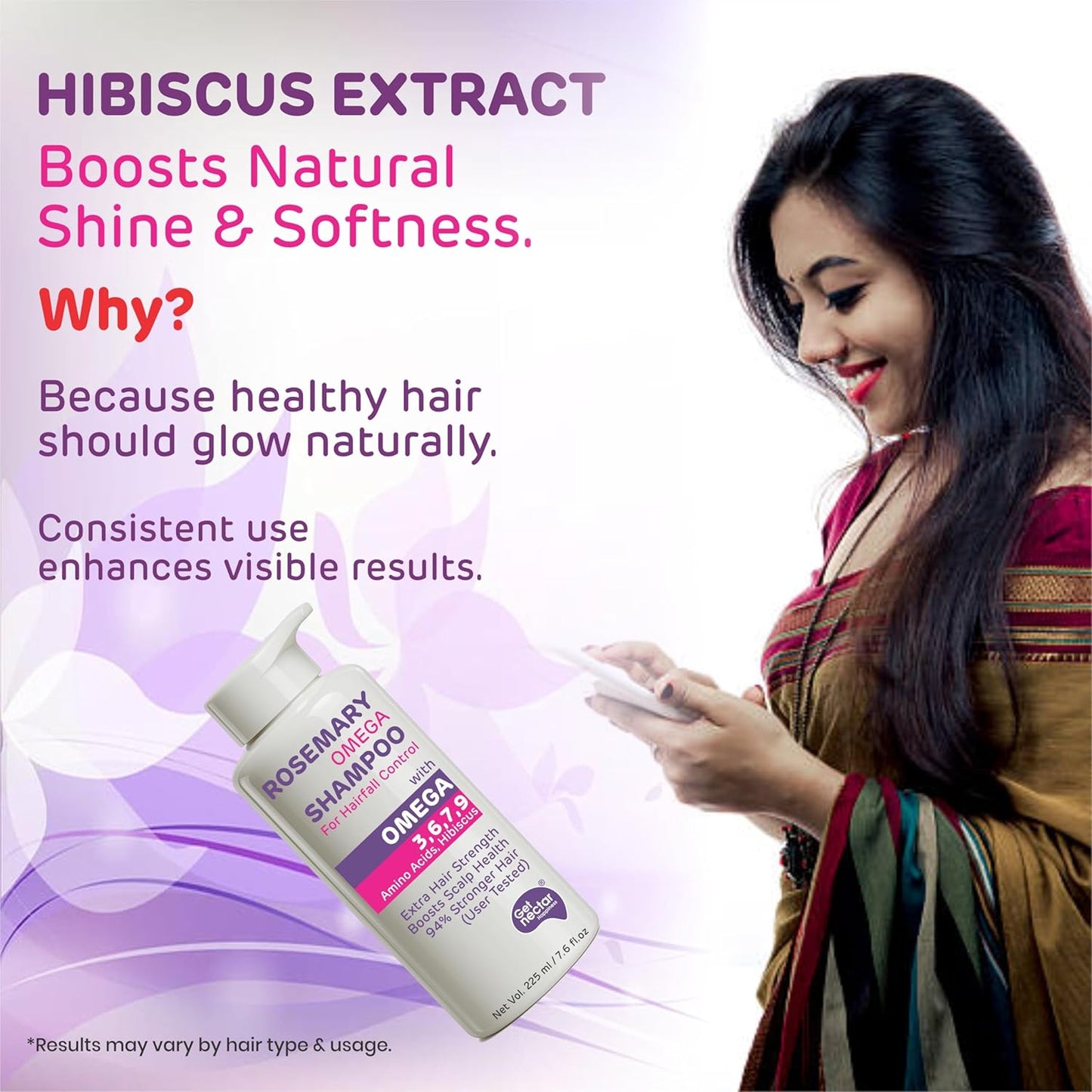 Woman with long hair holding a bottle of shampoo with hibiscus extract on a light purple background.