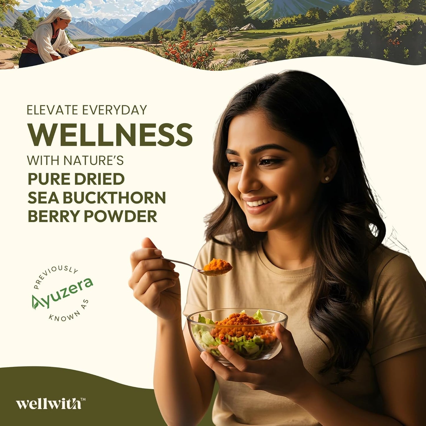 Wellwith Himalayan Sea Buckthorn Dry Berry Kkin Powder, 100g | Rich in Omega 3, 6, 7, 9 | Collagen, Fiber, Omegas, Vitamin C, Vitamin E | Dry Sea Buckthorn Berry Powder (100, Grams)