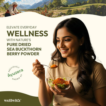Wellwith Himalayan Sea Buckthorn Dry Berry Kkin Powder, 100g | Rich in Omega 3, 6, 7, 9 | Collagen, Fiber, Omegas, Vitamin C, Vitamin E | Dry Sea Buckthorn Berry Powder (100, Grams)