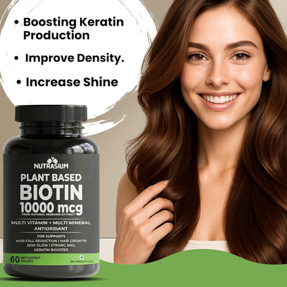 Nutrasium Plant Based Biotin, Collagen Booster, Keratin Builder with Amino Acid and Minerals | For Hair, Skin & Nail Radiance | Hair Vitamin (Biotin Collagen Booster Blend- 60 Tablets)