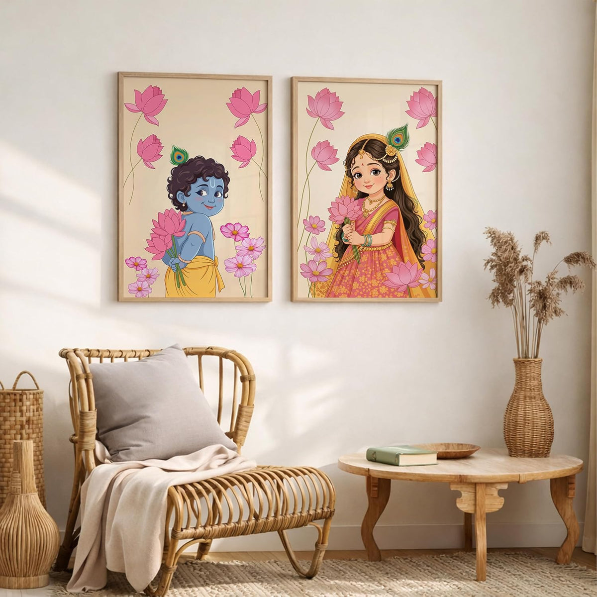 Baby Krishna Radha Wall Art Painting | Set of 2 Framed Paintings | Radha Krishna Decor for Living Room Bedroom Pooja Room | (ART 11, 13x19 INCHES)