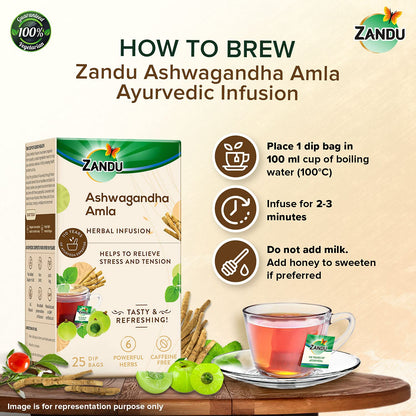 Zandu Ashwagandha Amla Ayurvedic Infusion, a Herbal Tea Enriched with 6 Ayurvedic Ingredients (25 Tea Bags)