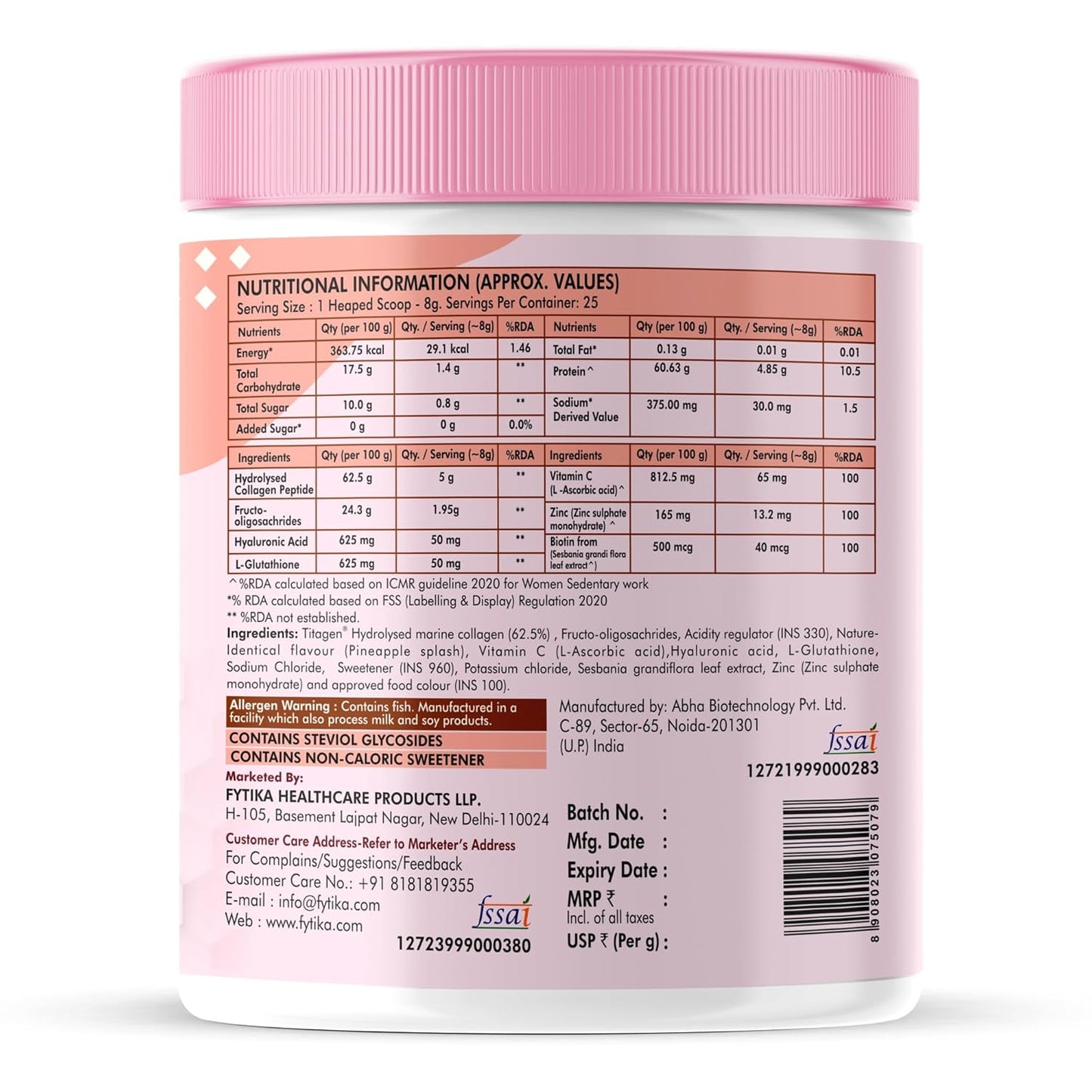 Nutritional information label on a supplement container with a pink lid.