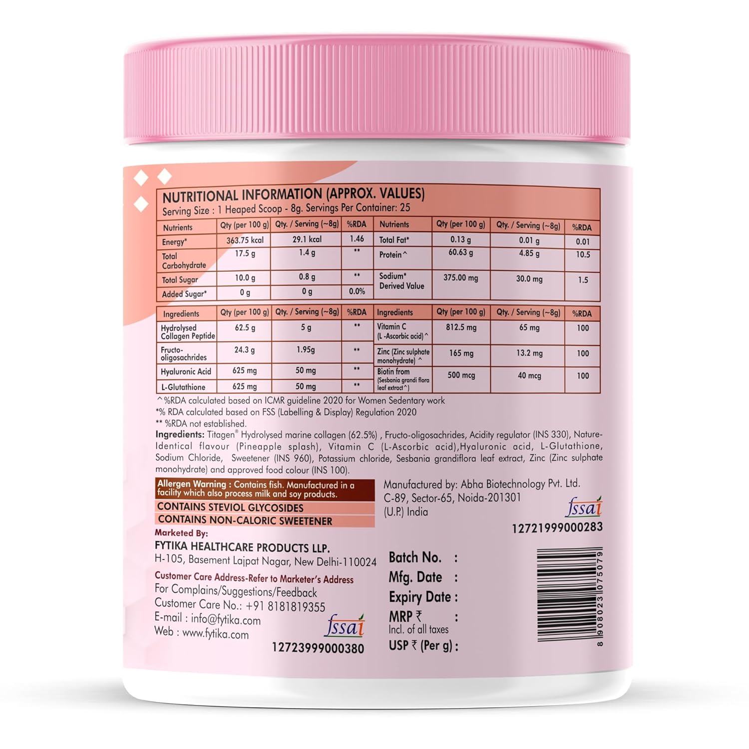 Nutritional information label on a supplement container with a pink lid.