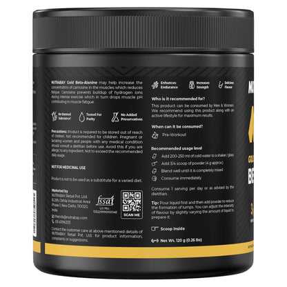 Nutrabay Gold Beta Alanine Supplement Powder 120g, Lemon Flavor – Pre Workout Amino Acid for Endurance & Fatigue Reduction