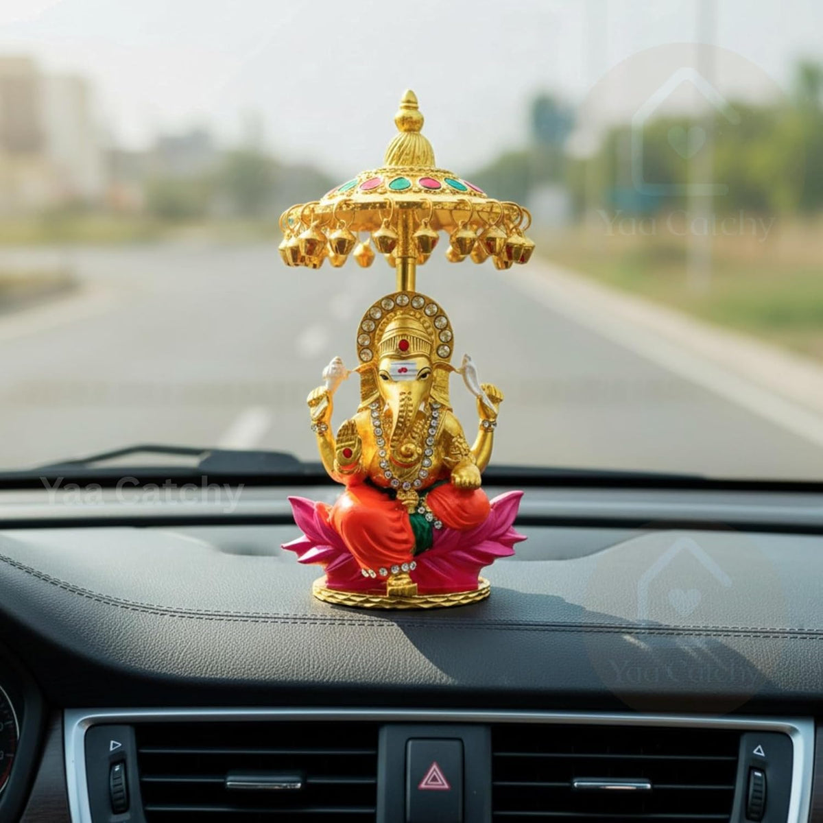 Yaa Catchy Lord Ganesha Car Dashboard Idol & Crystal Stones Hindu God Ganpati.Believed to Protect and Bless Travelers on Their Journeys. (Umbrella Colour)