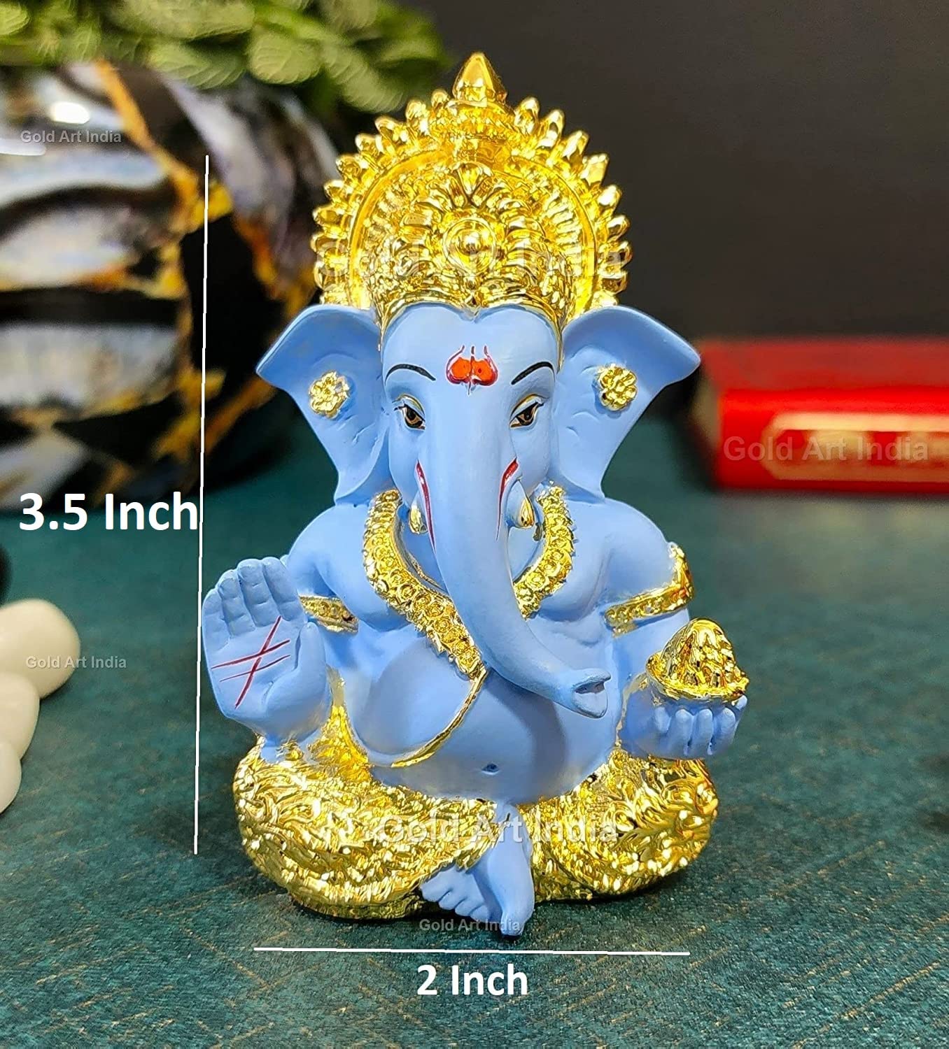 Gold Art India Gold Plated Ganesha with Terracotta Colour - Perfect for Car Dashboards, Office & Home Shelves, Diwali Puja, and Gifting (MukutGoldBlue 3.5"), Idol