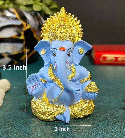 Gold Art India Gold Plated Ganesha with Terracotta Colour - Perfect for Car Dashboards, Office & Home Shelves, Diwali Puja, and Gifting (MukutGoldBlue 3.5"), Idol