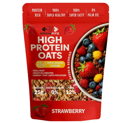 GrowFitz 25g High Protein Oats 800 Gram | Strawberry Flavor Breakfast Oatmeal | 12g High Fiber, Almonds, Raisin, Pumpkin, Chia Seeds, Super Rolled Oats | Healthy Fats, No Added Sugar (Pack of 1)
