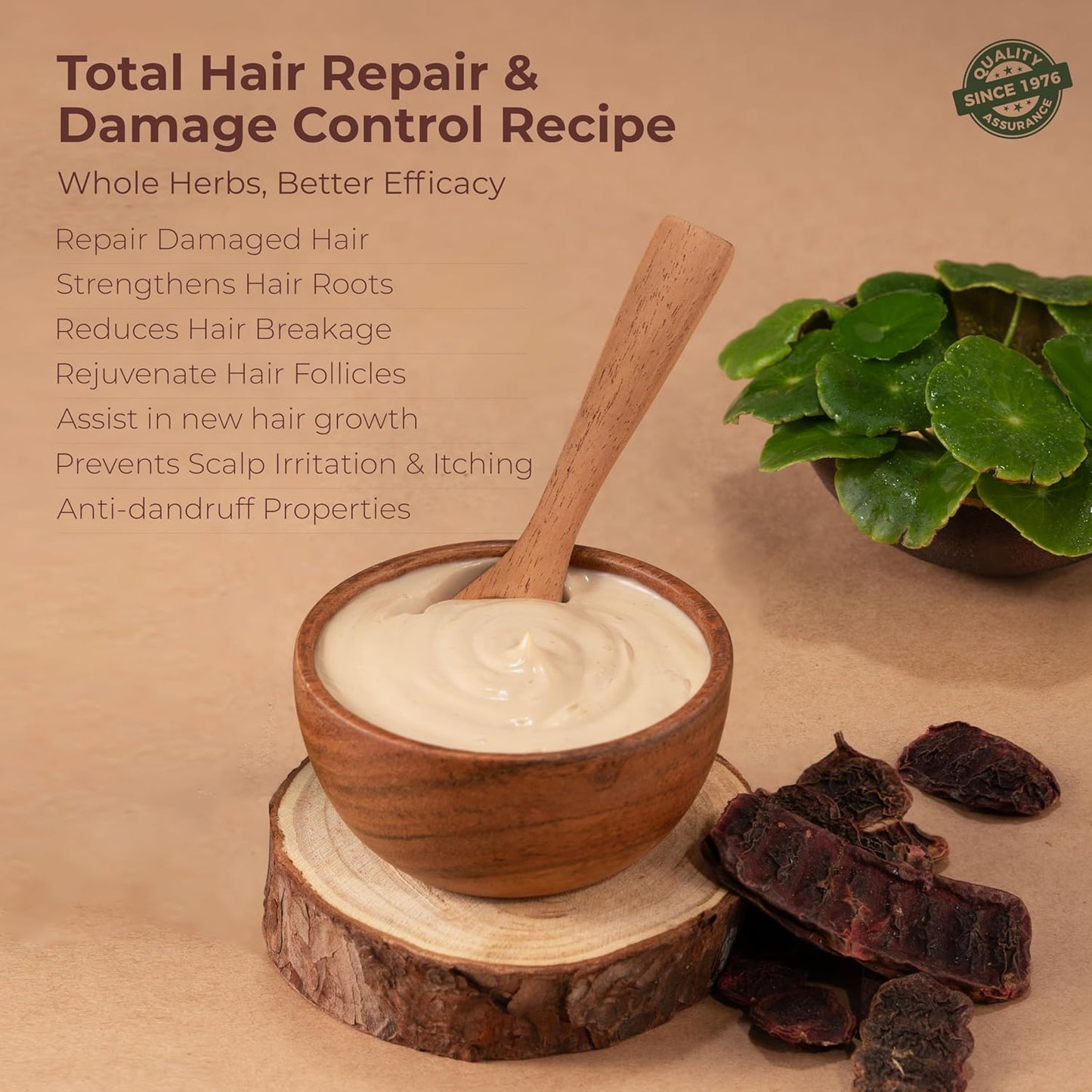 Wooden bowl with hair repair cream, wooden spoon, and herbs on a natural background with text about hair care benefits.