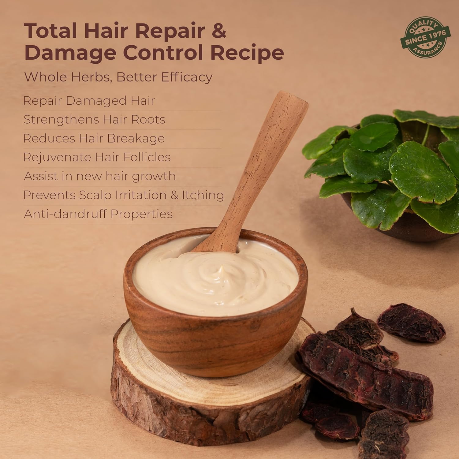 Wooden bowl with hair repair cream, wooden spoon, and herbs on a natural background with text about hair care benefits.
