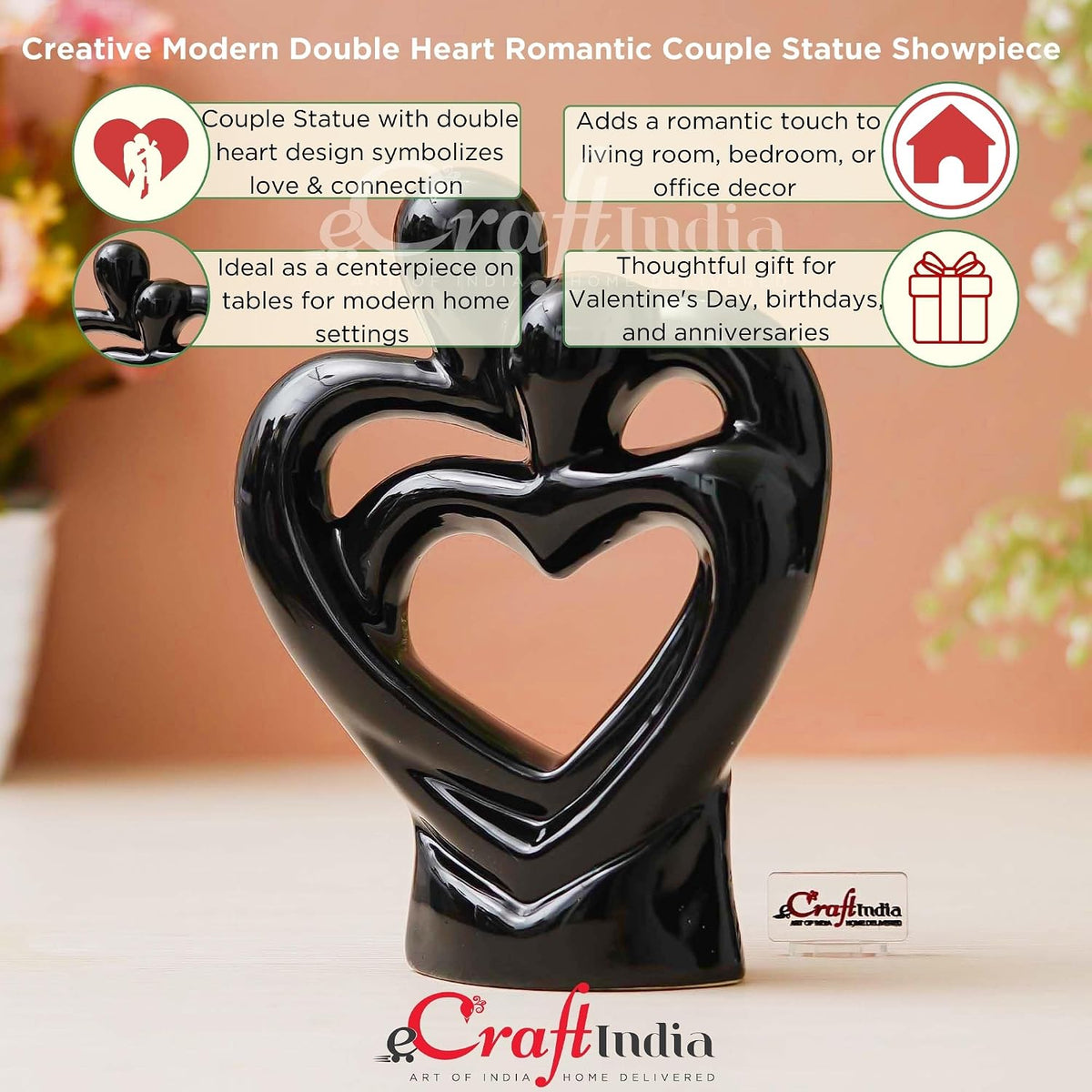 eCraftIndia Creative Modern Double Heart Romantic Couple Statue Showpiece(Resin Black)| Home Decoration Items for Living Room Bedroom Hall Office|Home Decor Gifts for Birthday Housewarming Anniversary