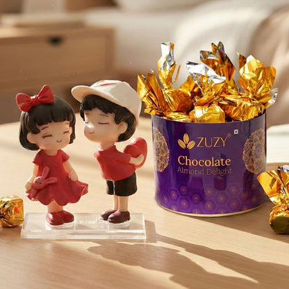 eCraftIndia Romantic Cute Couple Statue with Heart Teddy Bear Showpiece Zuzy Almond Chocolates Gift Box Home Decor Valentine Gift For Girlfriend Boyfriend Husband Wife Valentine Decoration Items