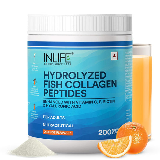 INLIFE Hydrolyzed Marine Collagen Tripeptides Supplement | Vitamin C, E, Biotin & Hyaluronic Acid | For Skin, Hair & Nails,(200g, Orange)