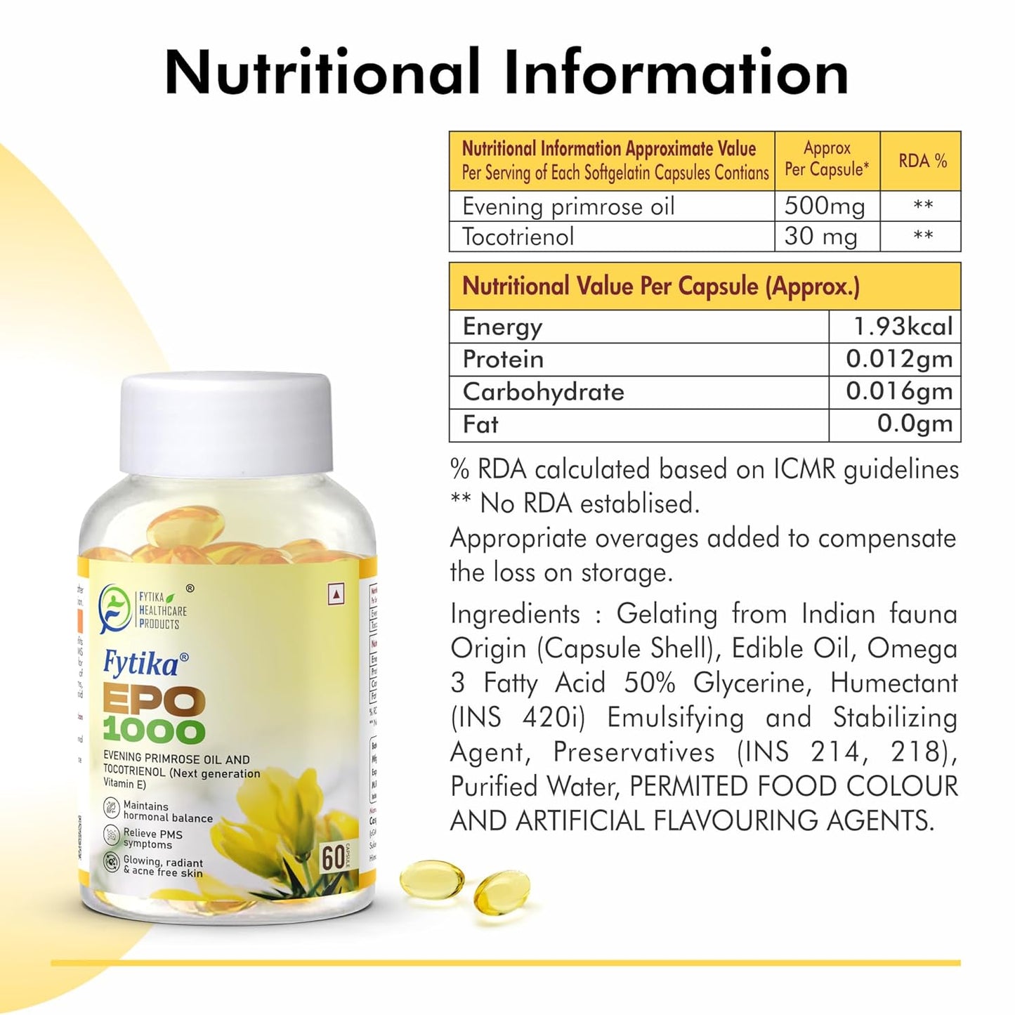 Fytika Epo 1000 Evening Primrose Oil and Tocotrienol Capsules | For Healthy and Acne free Skin | Supports Hormonal Balance in Women | Helpful in PMS & Menopause | Natural Oil Extract 60 Softgels Capsules