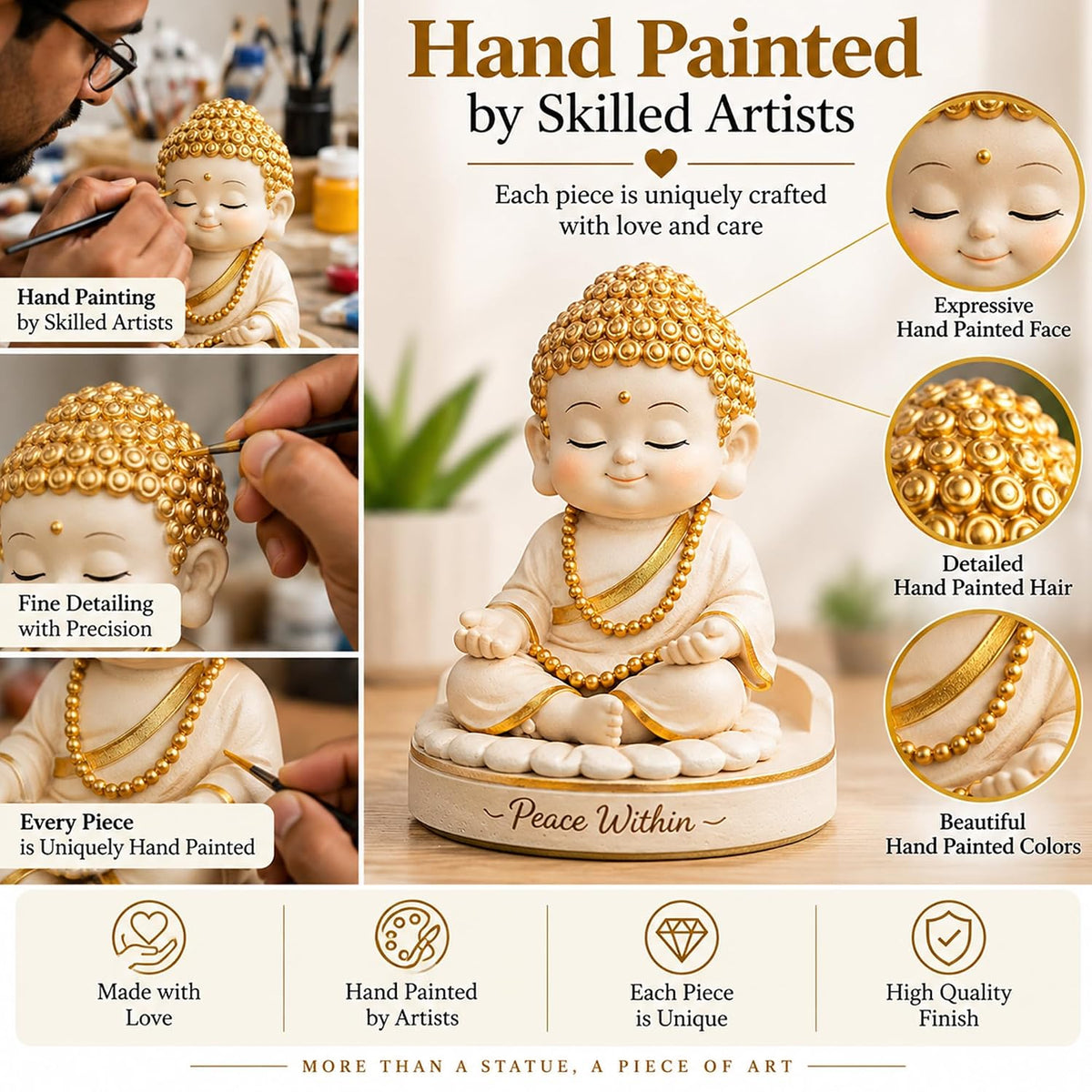 Baby Buddha Statue for Home Decor, 5 Inch White and Gold | Meditation Buddha Idol | Cute Monk Showpiece for Living Room, Office Desk, Table Decor & Gift Item