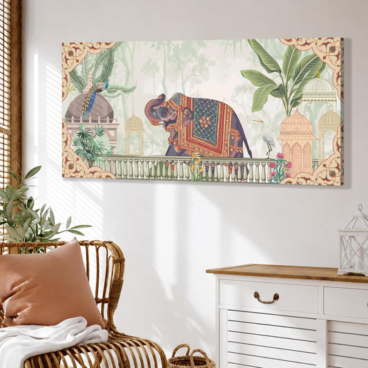 Royal Mughal Garden Elephant Canvas Wall Painting for Living Room, Floral Elephant Vastu Painting Cultural Indian Style, Rajasthani Inspired Artwork for Home & Office 22x46 Inch