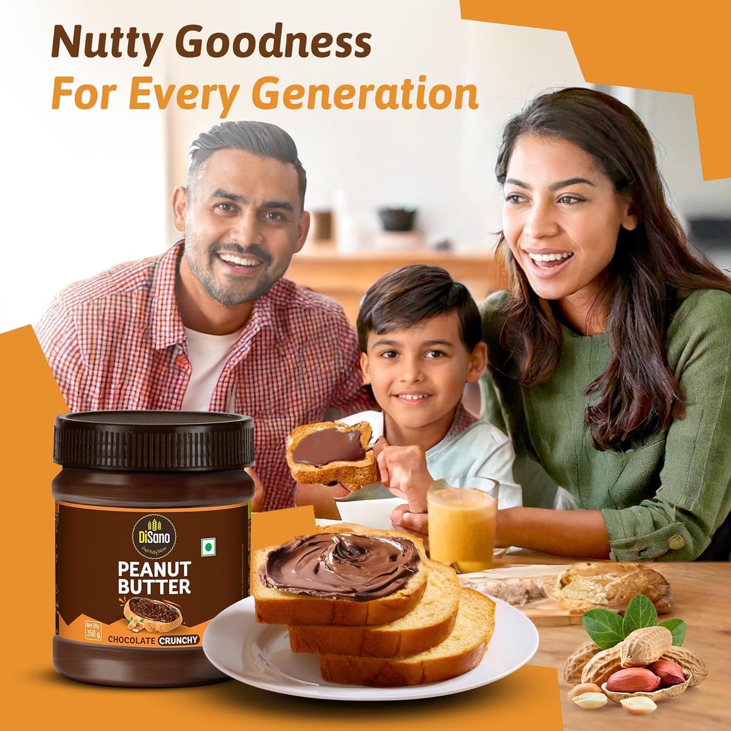 DiSano Chocolate Peanut Butter Crunchy, 23g Protein & 6.4g Dietary Fibre, Tasty & Healthy Chocolate Spread for Breakfast & Snacks, Made with Premium Roasted Peanuts