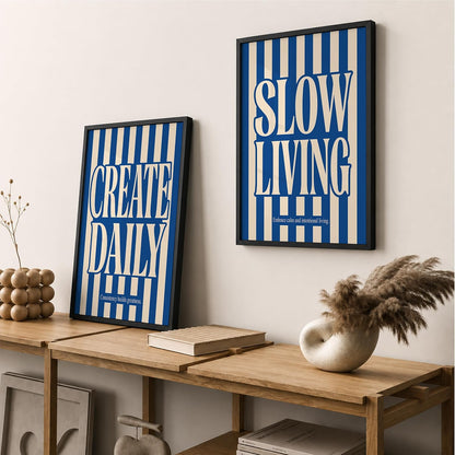 Slow Living Create Daily Wall Art Set of 2 Framed Paintings | Blue Striped Typography Motivational Poster | Office Bedroom Home Décor (Art 22, 10x13 Inches, Black)