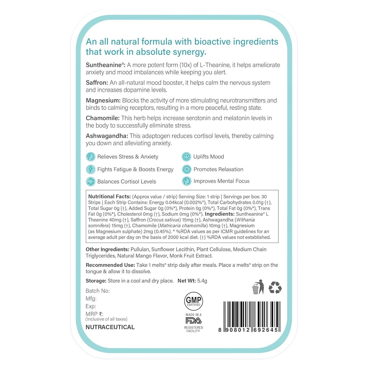 Zephivo Wellbeing Nutrition Melts Calm & Relaxation | Suntheanine L-theanine, Magnesium & Chamomile - Natural Stress & Anxiety Relief to Uplift Mood and Reduce Cortisol (30 Oral Strips)